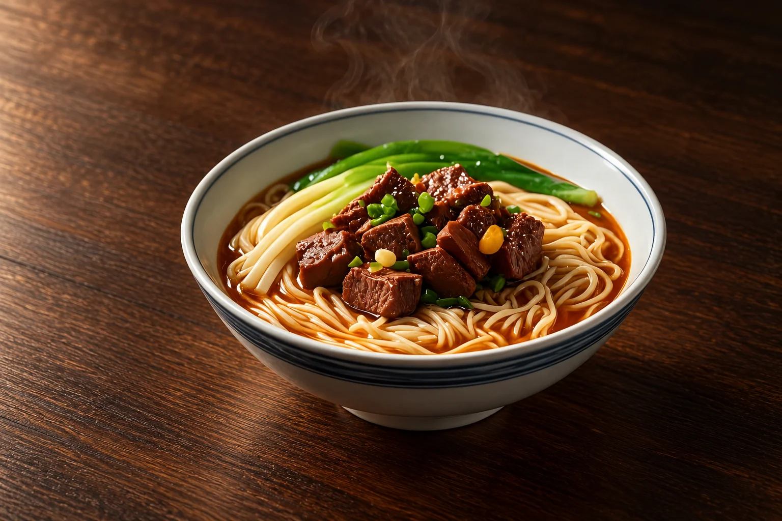 Braised beef noodle soup with bok choy and spring onion in a porcelain bowl.