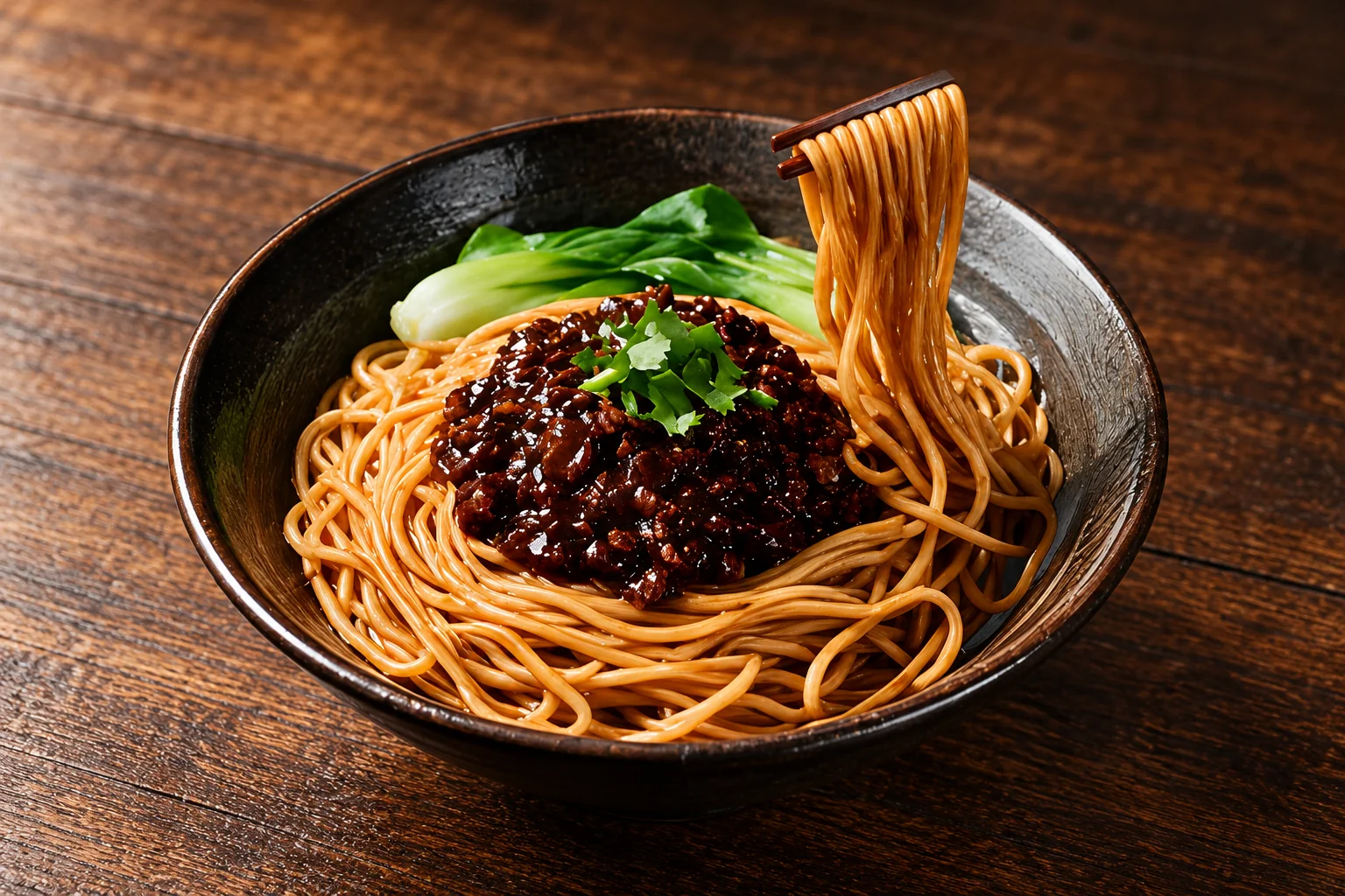 Noodles with soy sauce and minced meat, with bok choy and coriander, in a dark bowl.