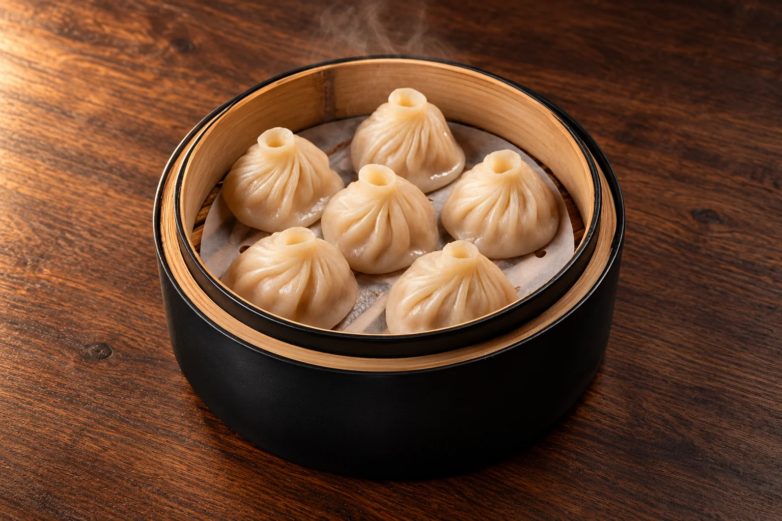 Six xiao long bao in a black and bamboo steamer.