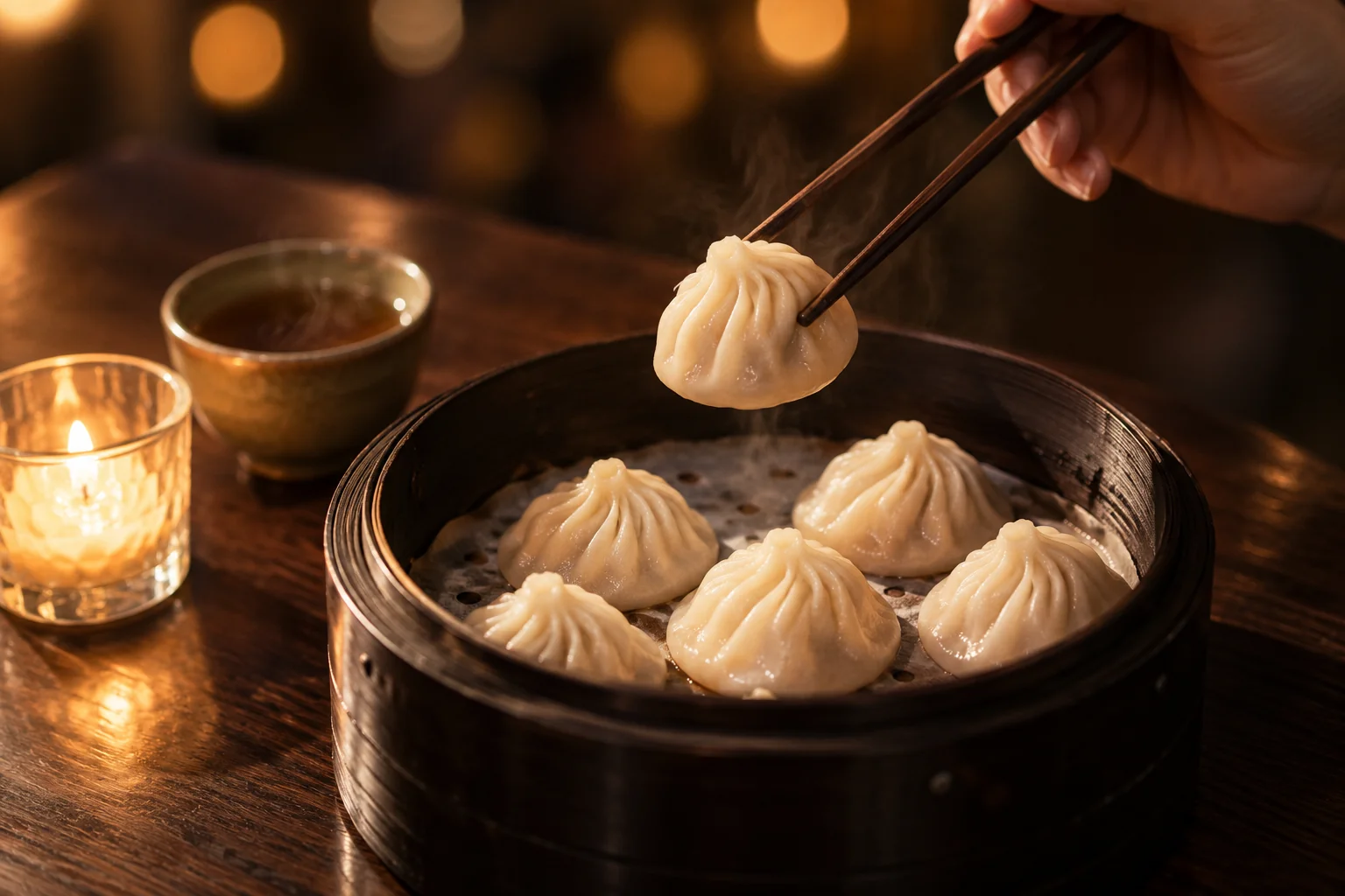 Xiao long bao in a steamer by candlelight, a hand lifting one dumpling with chopsticks.