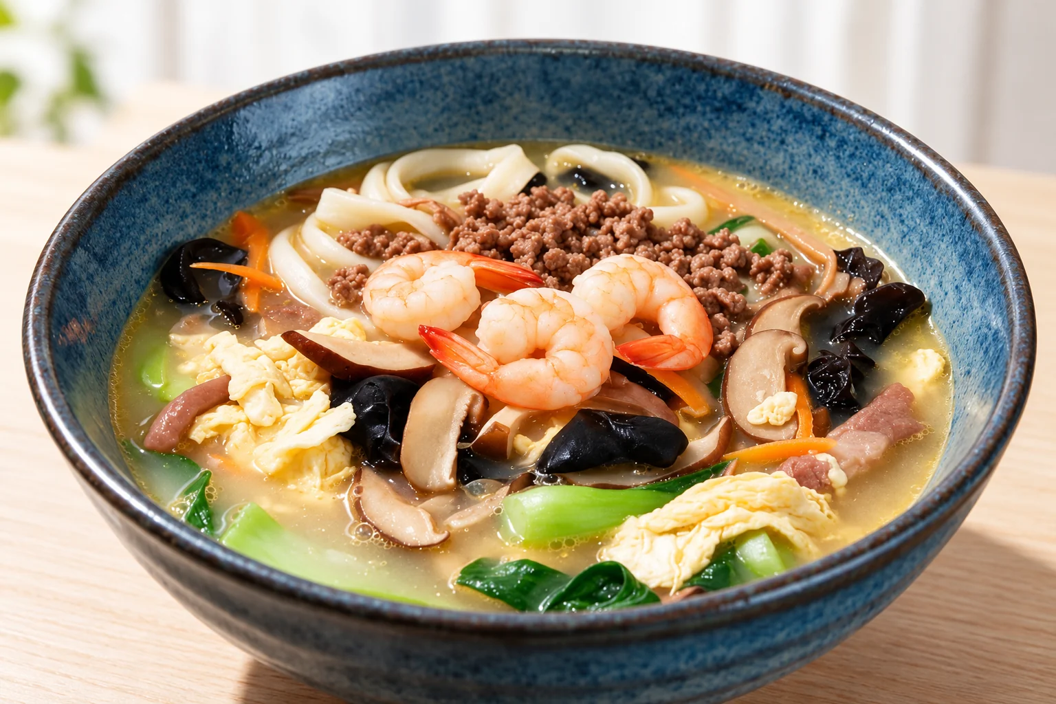 Blue bowl of noodle soup with shrimp, minced meat, black fungus and egg.