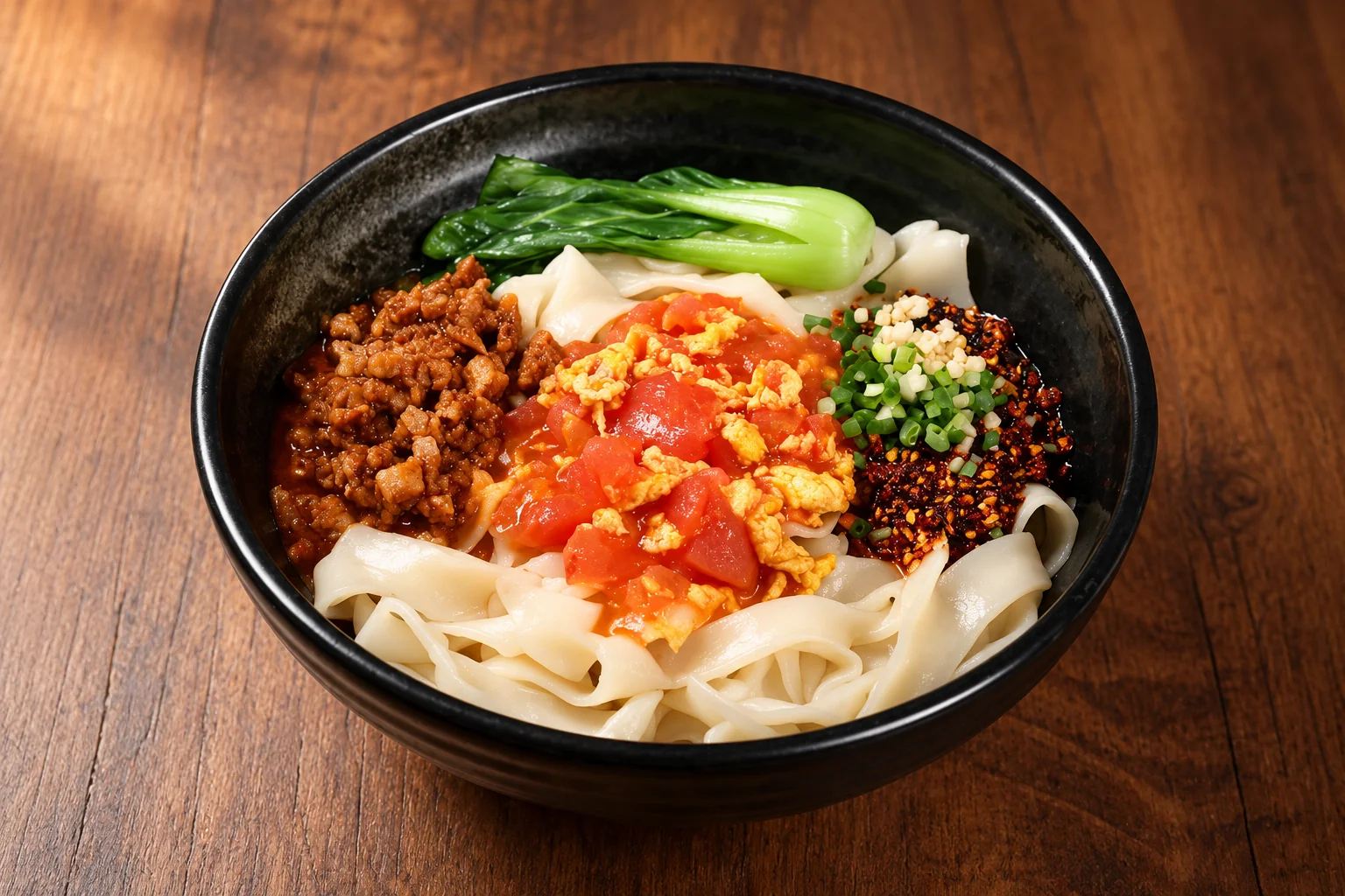 Black bowl of wide noodles with tomato-egg sauce, meat sauce and chilli, bok choy.
