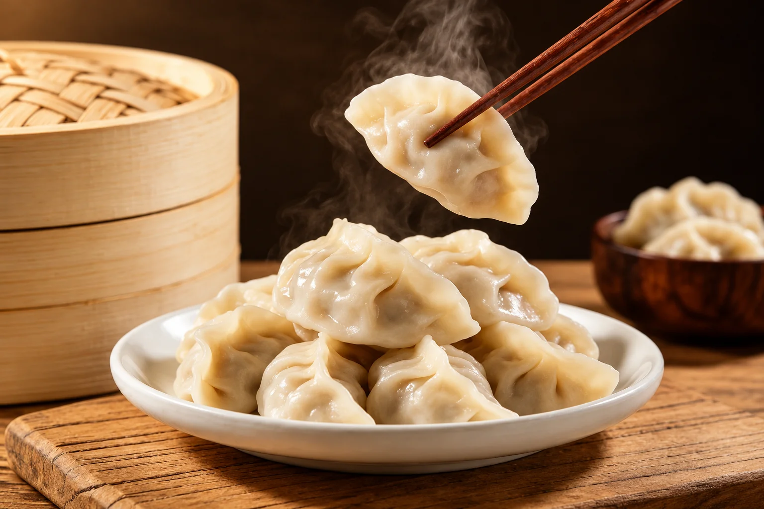 Plate of dumplings, chopsticks lifting one, bamboo steamer behind.