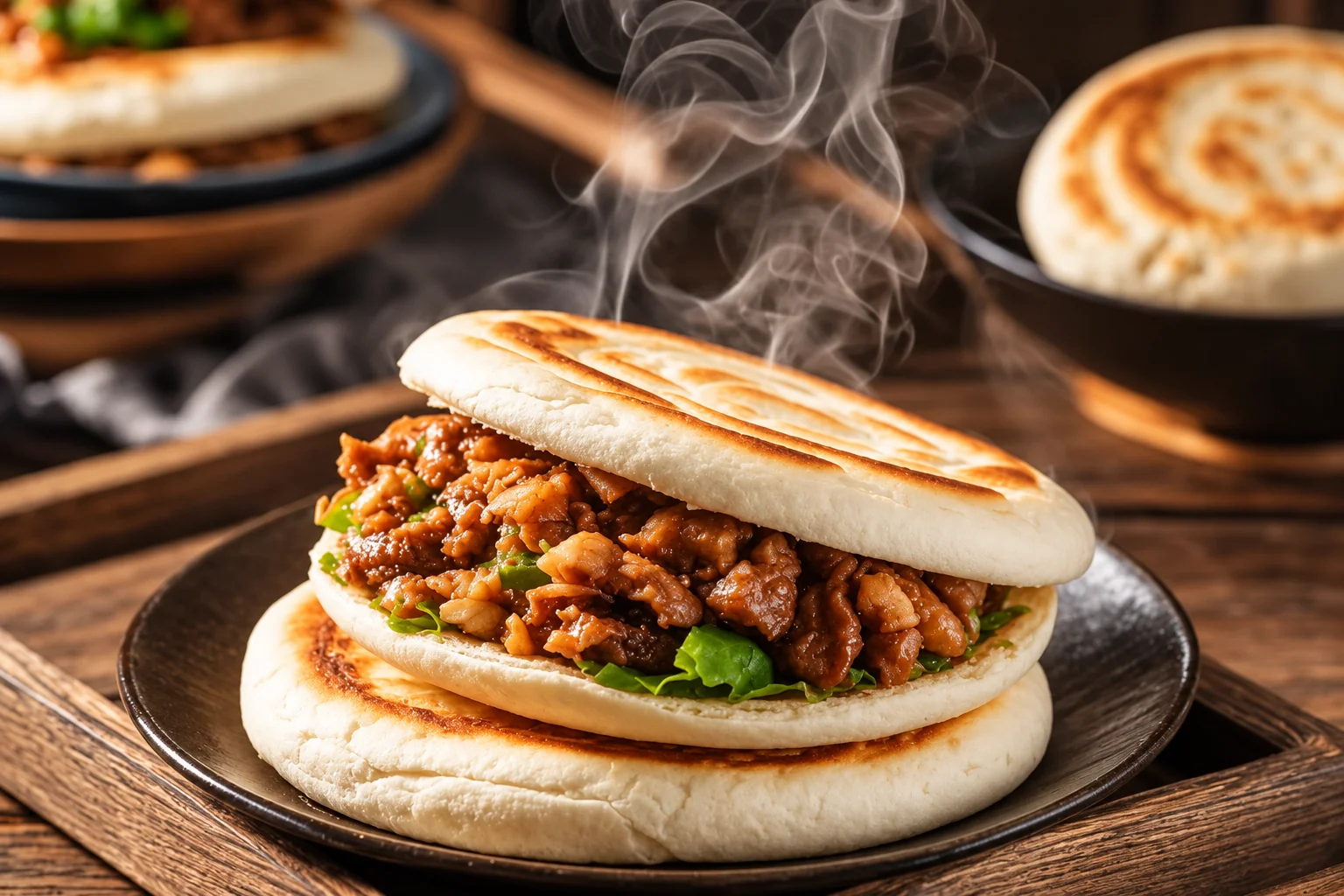 Toasted flatbread filled with chopped braised meat and lettuce, on a dark plate.