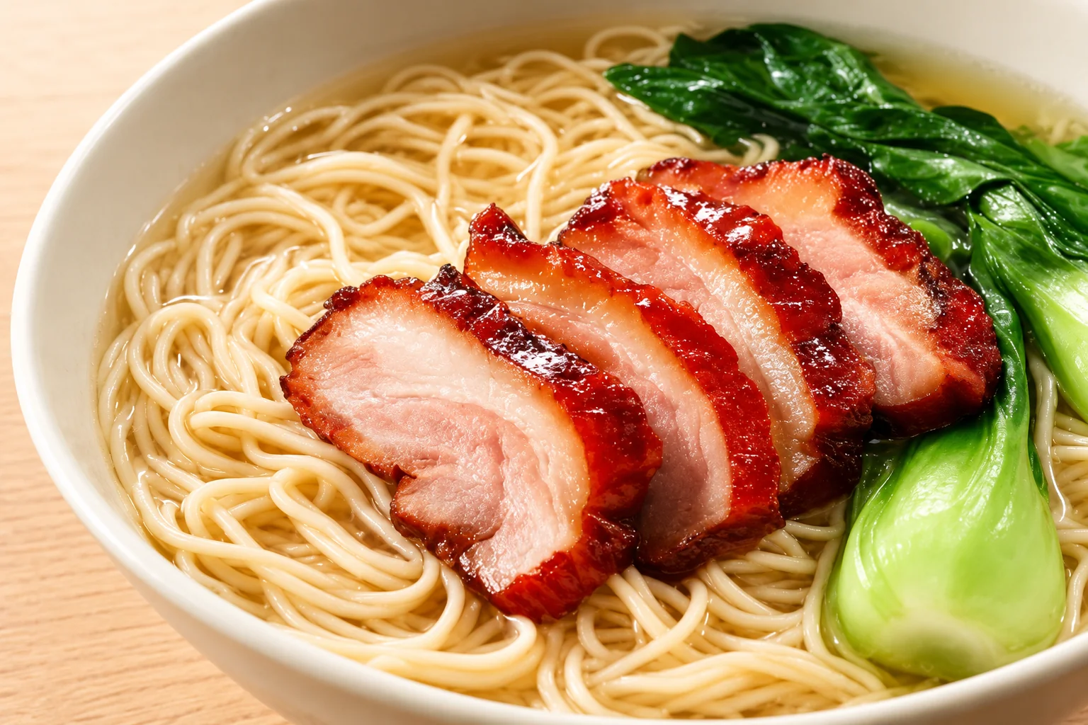 White bowl of thin noodles with slices of char siu pork and bok choy.