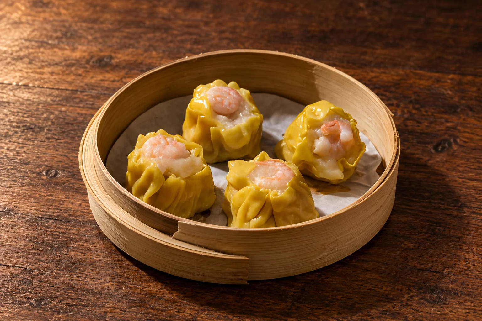 Four siu mai in a bamboo steamer.