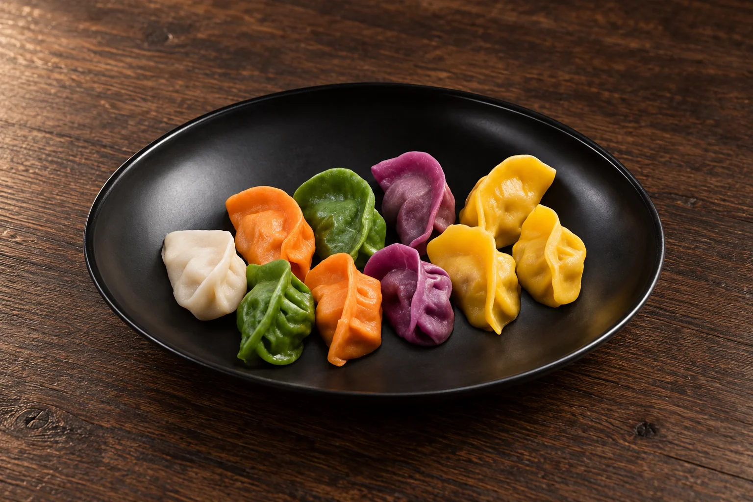 Ten white, orange, green, purple and yellow dumplings on a black plate.